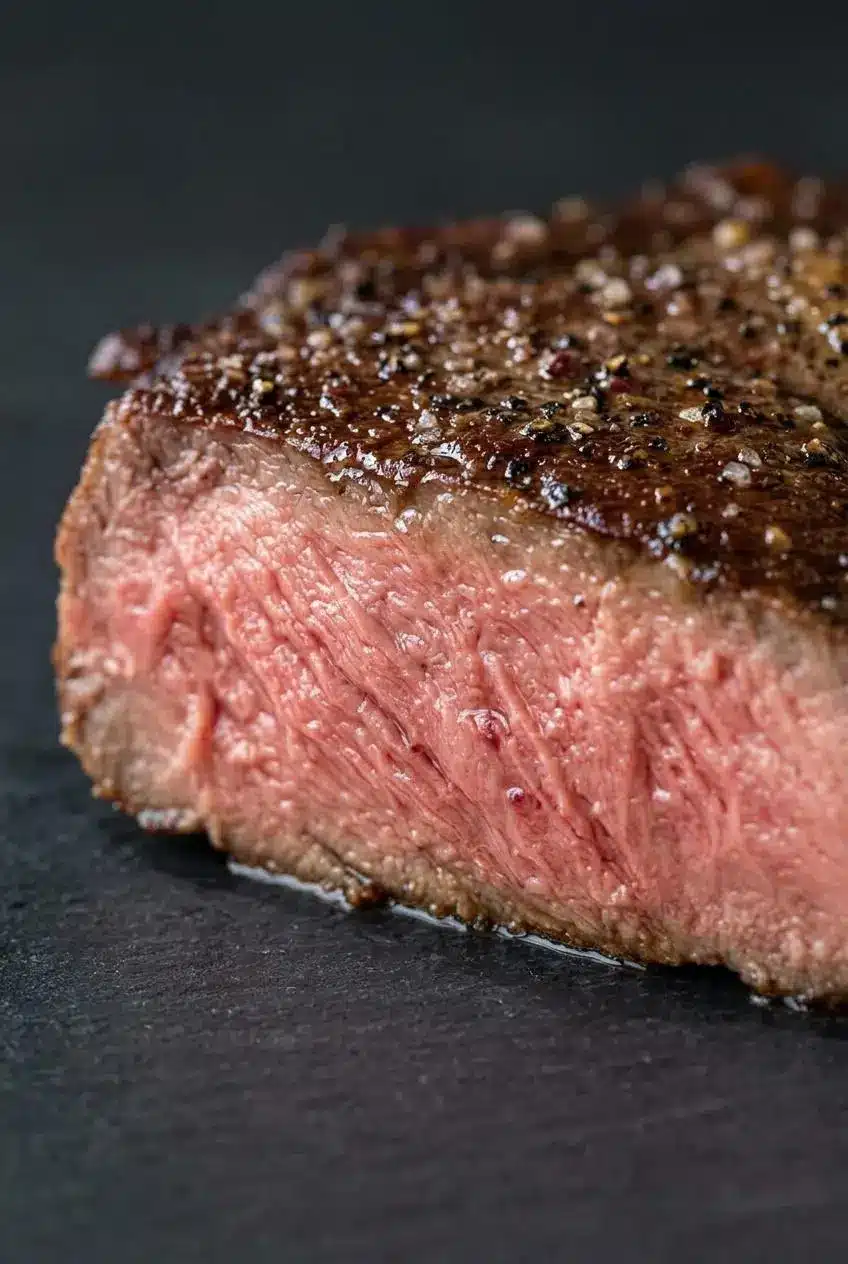 Close-up of sliced reverse-seared steak showing edge-to-edge pink doneness without gray banding.