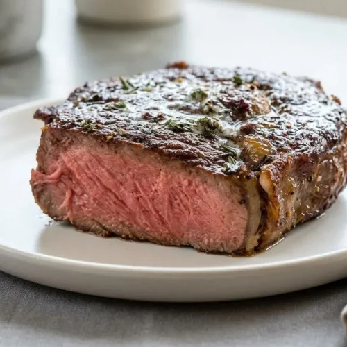 Reverse sear steak recipe featuring thick ribeye slices with a crisp mahogany crust and juicy pink center.