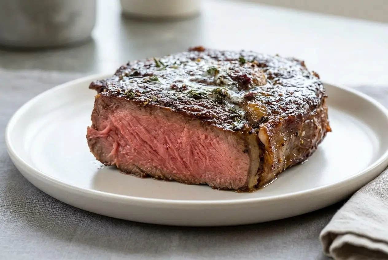 Reverse sear steak recipe featuring thick ribeye slices with a crisp mahogany crust and juicy pink center.