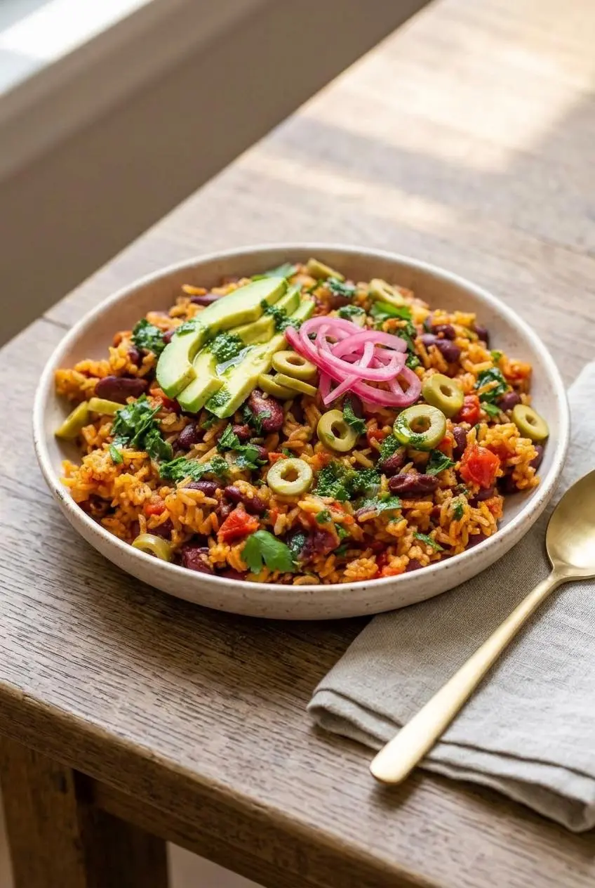 Ceramic bowl of rice and beans topped with sliced avocado, pickled red onions, olives, and fresh parsley oil.