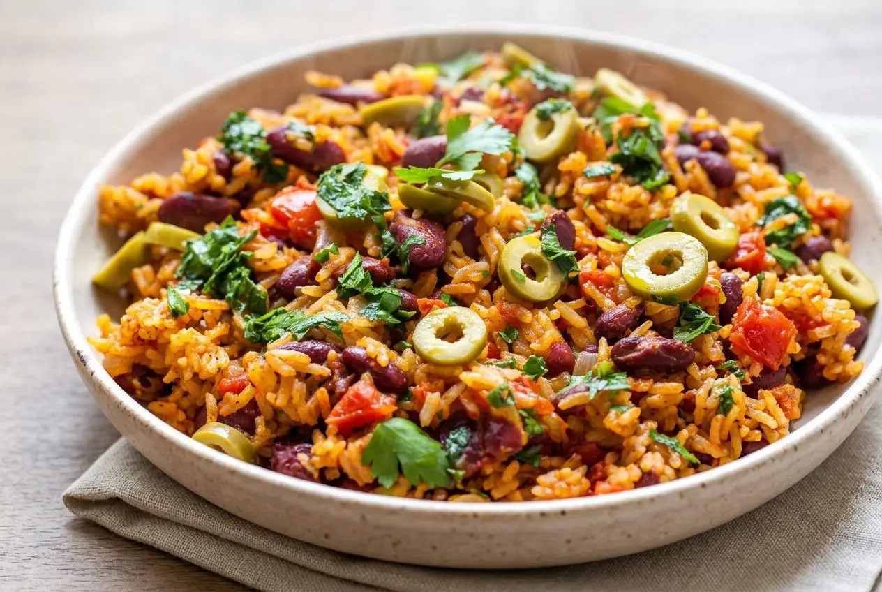 Rice and beans recipe in a skillet topped with tender kidney beans, sliced olives, and glossy green parsley oil.