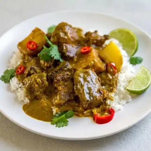 Curry beef braised with tender Yukon Gold potatoes in a rich, glossy coconut curry gravy.