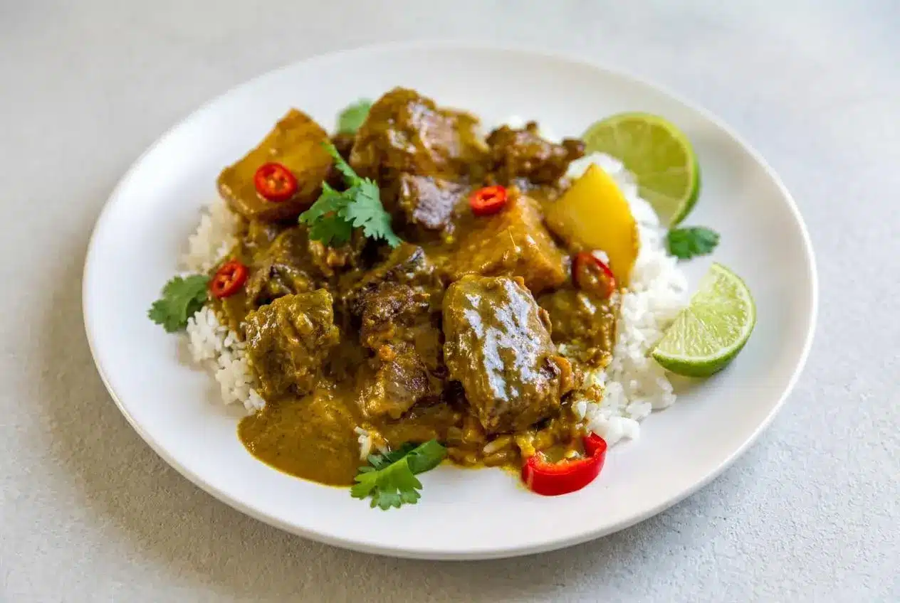 Curry beef braised with tender Yukon Gold potatoes in a rich, glossy coconut curry gravy.