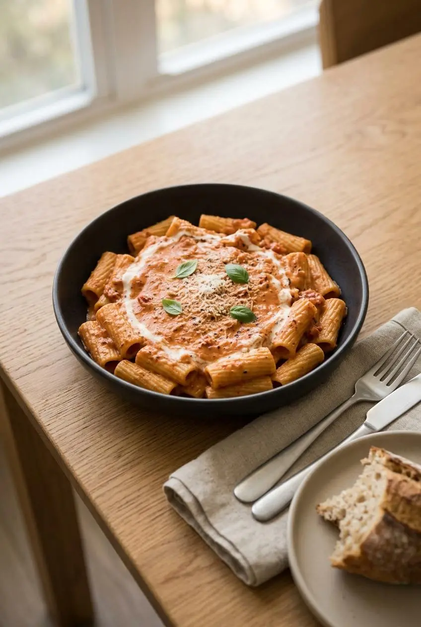 Rigatoni tossed in pink tomato cream sauce garnished with fresh basil leaves and Parmesan.
