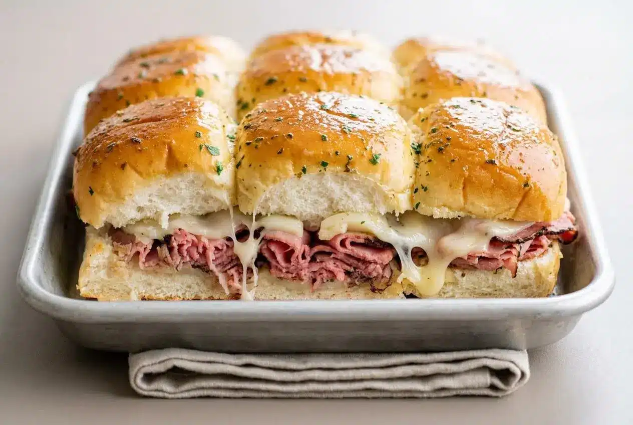 Baked roast beef sliders on sweet rolls with melted provolone cheese and a glossy garlic butter crust.