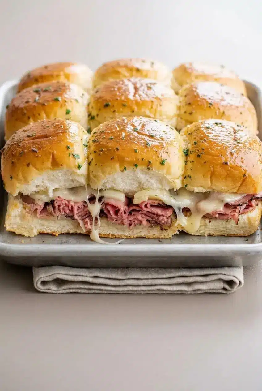 Close-up of a warm roast beef slider sliced open showing tender shaved beef and stretched melted provolone.