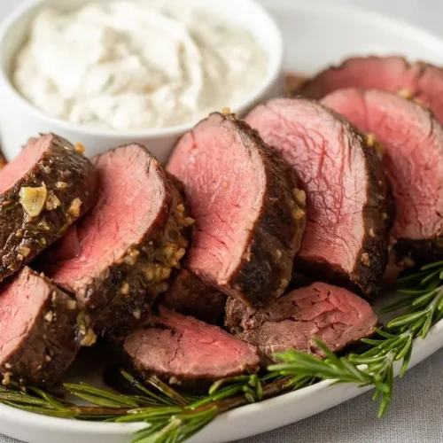 Roasted beef tenderloin recipe with a golden garlic herb butter crust, sliced on a carving board.