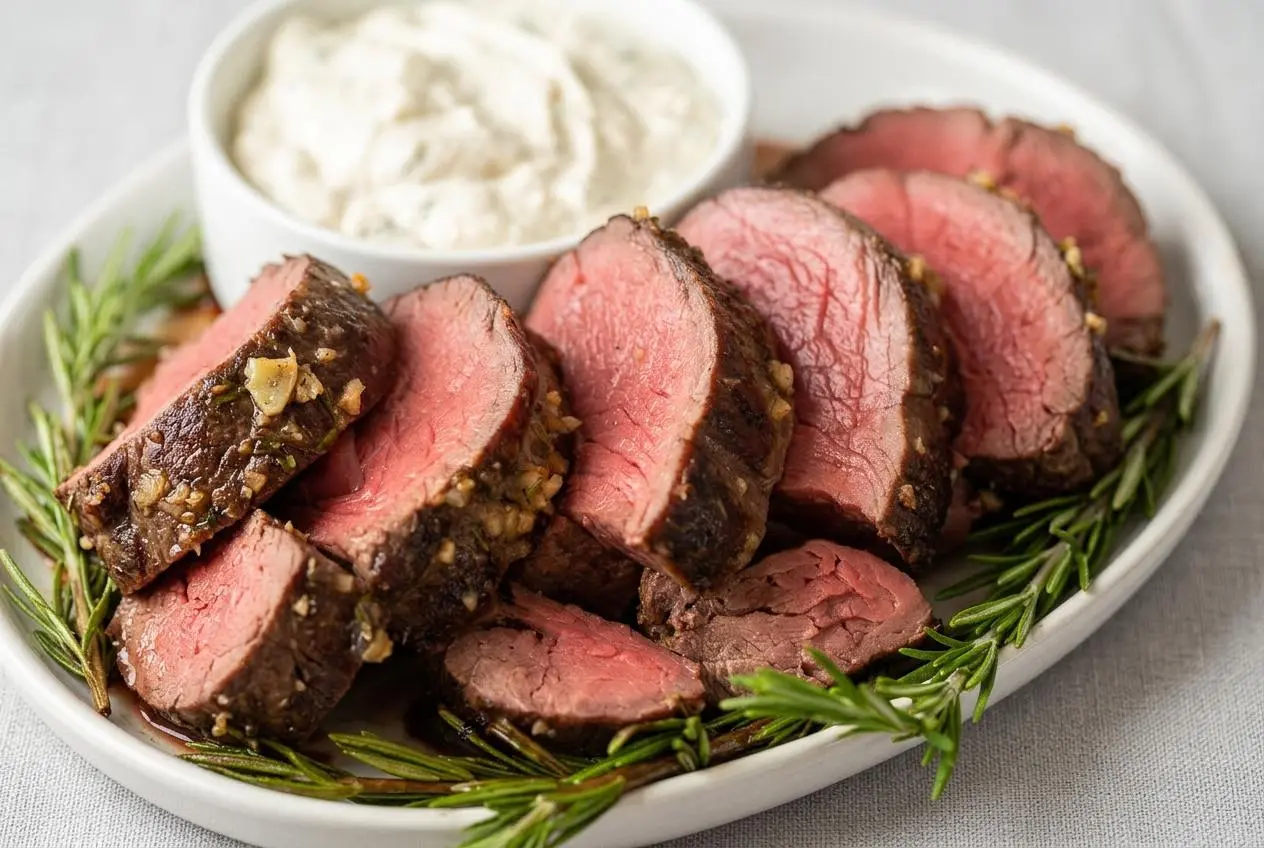 Roasted beef tenderloin recipe with a golden garlic herb butter crust, sliced on a carving board.
