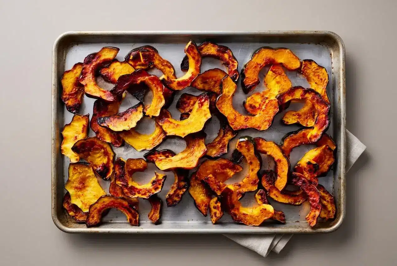 Roasted acorn squash crescent slices with deeply caramelized golden edges and tender orange flesh on a platter.