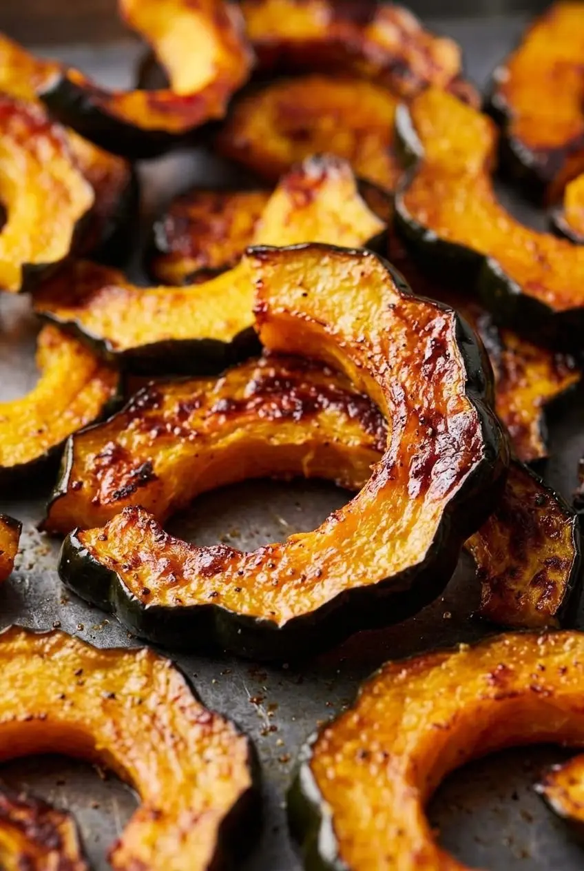 Close-up of a roasted squash slice flipped over on a dark metal baking sheet showing blistered golden-brown edges.