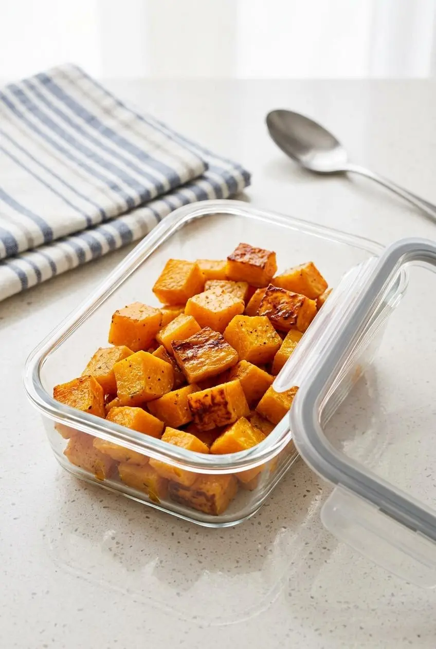 Leftover roasted butternut squash cubes packed in a clear glass storage container on a kitchen counter.
