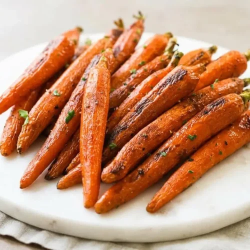 Tender roasted carrots recipe with golden caramelized edges and chopped fresh parsley.