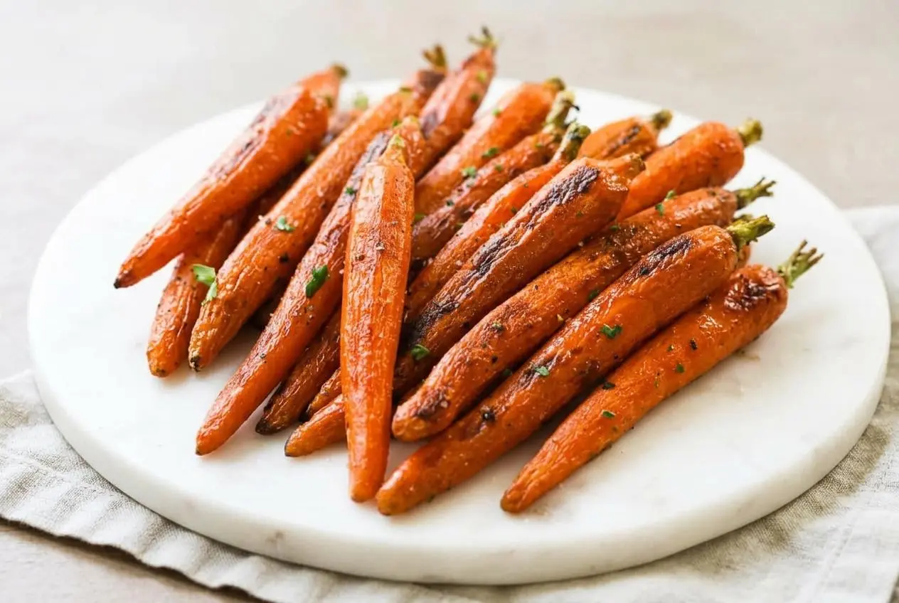 Tender roasted carrots recipe with golden caramelized edges and chopped fresh parsley.