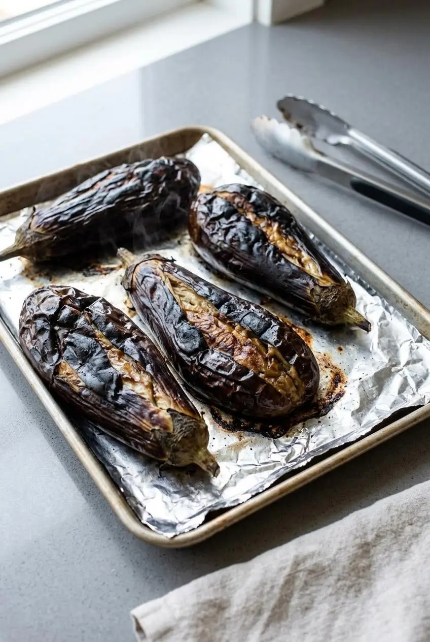 Whole roasted eggplants deflated and charred on a foil-lined baking sheet.