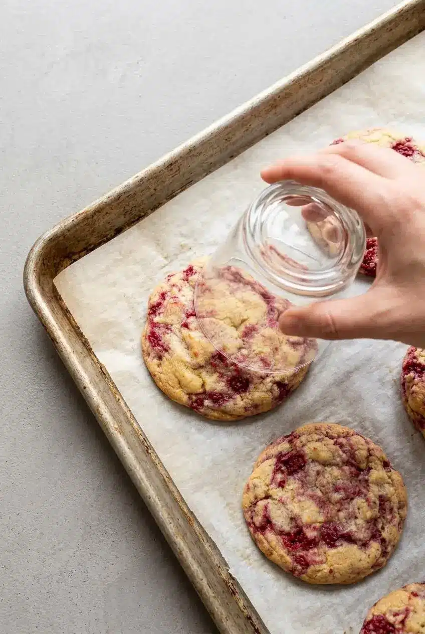 Using an inverted glass to swirl and shape a warm lemon raspberry cookie into a round circle on a baking sheet.