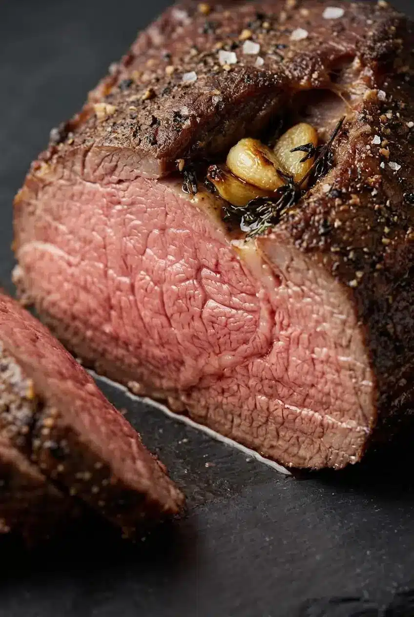 Close-up of seared rump roast crust with coarse pepper and a juicy medium-rare pink center.