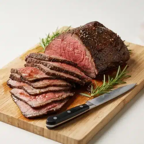 Tender herb-crusted rump roast recipe cooked medium-rare and sliced with savory pan juices.