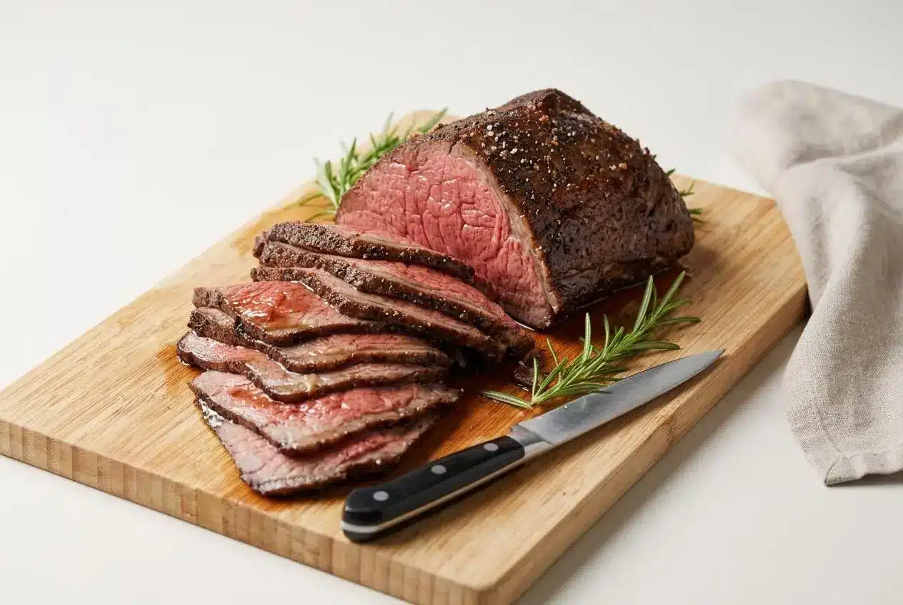 Tender herb-crusted rump roast recipe cooked medium-rare and sliced with savory pan juices.