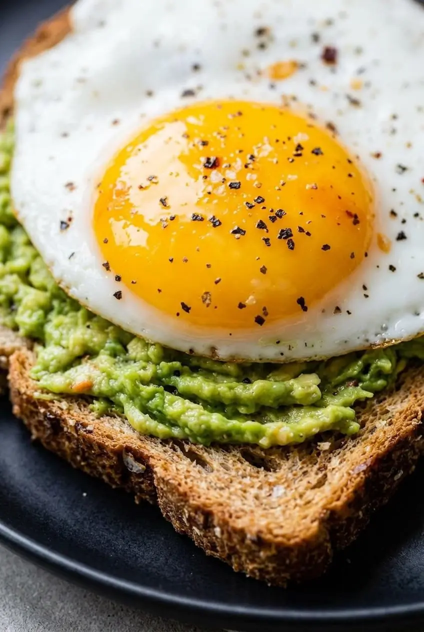 Close-up of a runny warm egg yolk breaking over seasoned mashed avocado on toasted bread.
