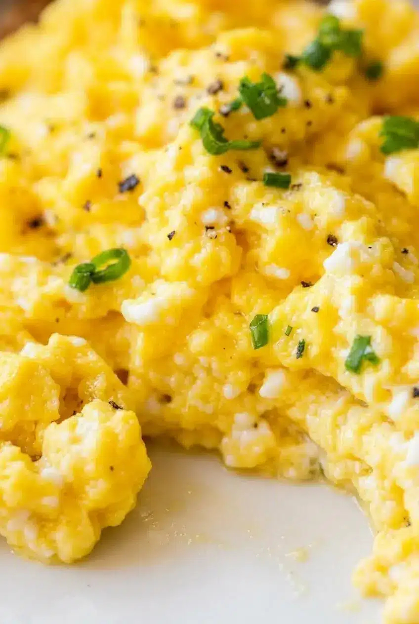 Close up of tender scrambled egg curds marbled with pockets of creamy cottage cheese and black pepper.