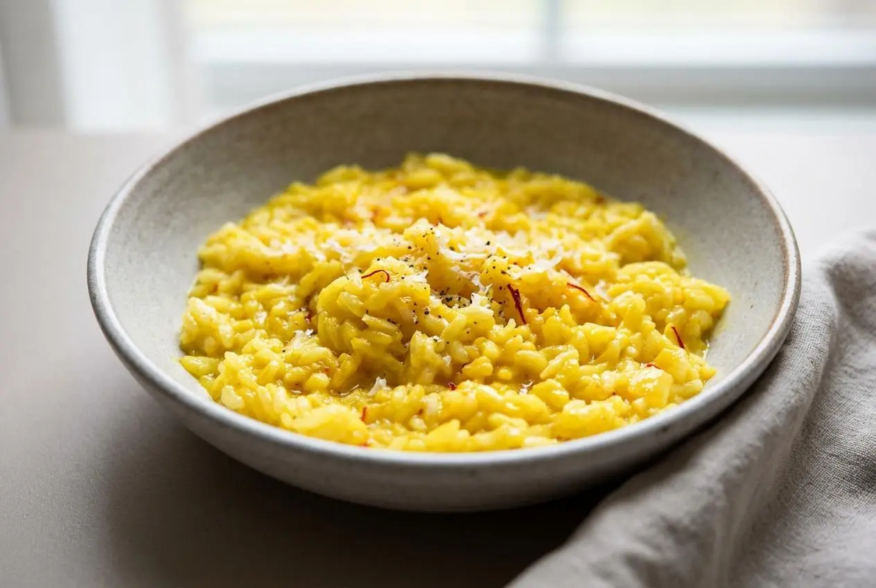 Creamy golden Saffron Risotto served in a shallow bowl with a glossy finish.