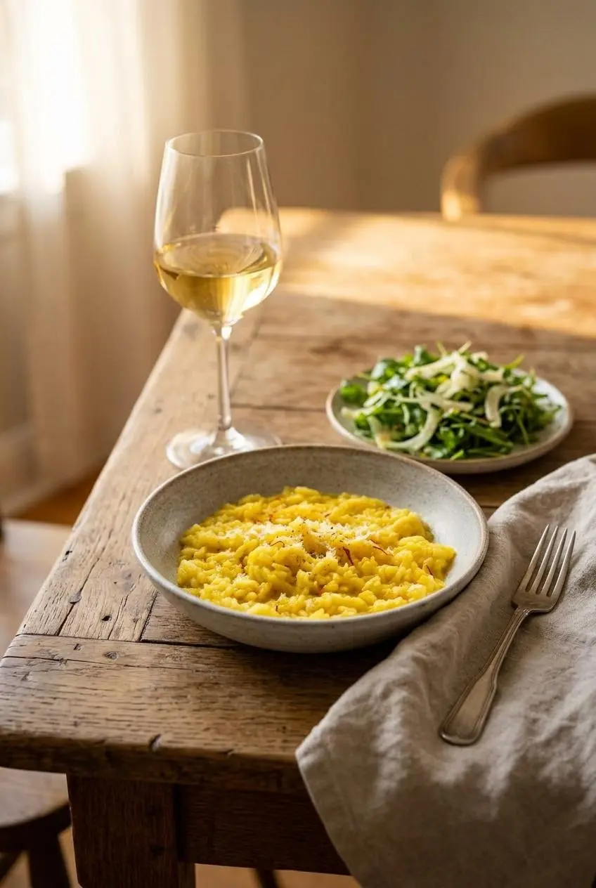 Plated saffron risotto on a dining table paired with crisp white wine and an arugula fennel salad.