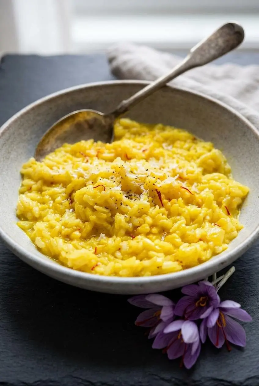 Close-up texture of saffron risotto showing plump tender rice grains in a velvety golden sauce.