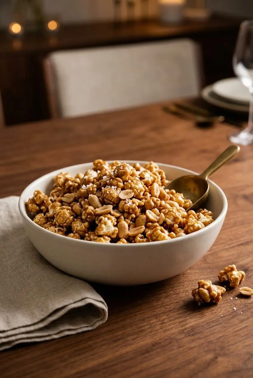 Ceramic bowl filled with golden caramel popcorn tossed with roasted salted peanuts and sea salt.