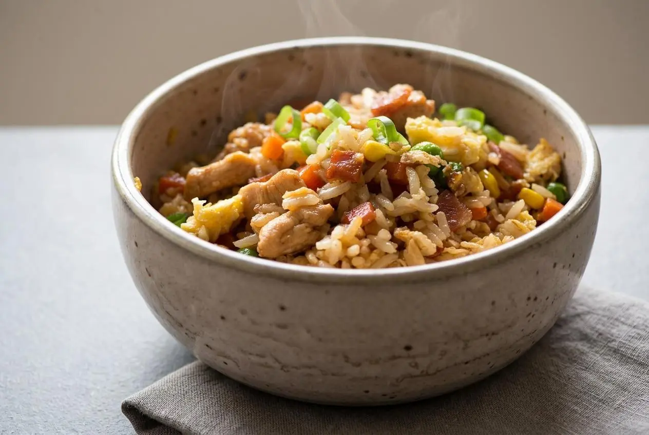 Fluffy chicken fried rice with glossy soy-glazed grains, tender chicken, soft scrambled eggs, and peas.
