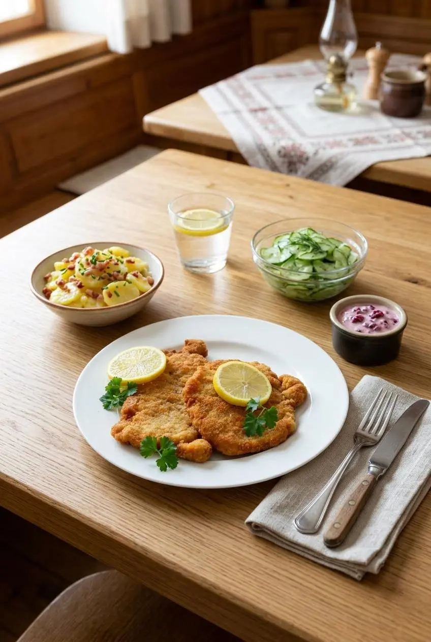 Fried pork schnitzel plated with lemon wedges, German potato salad, and cucumber dill salad.