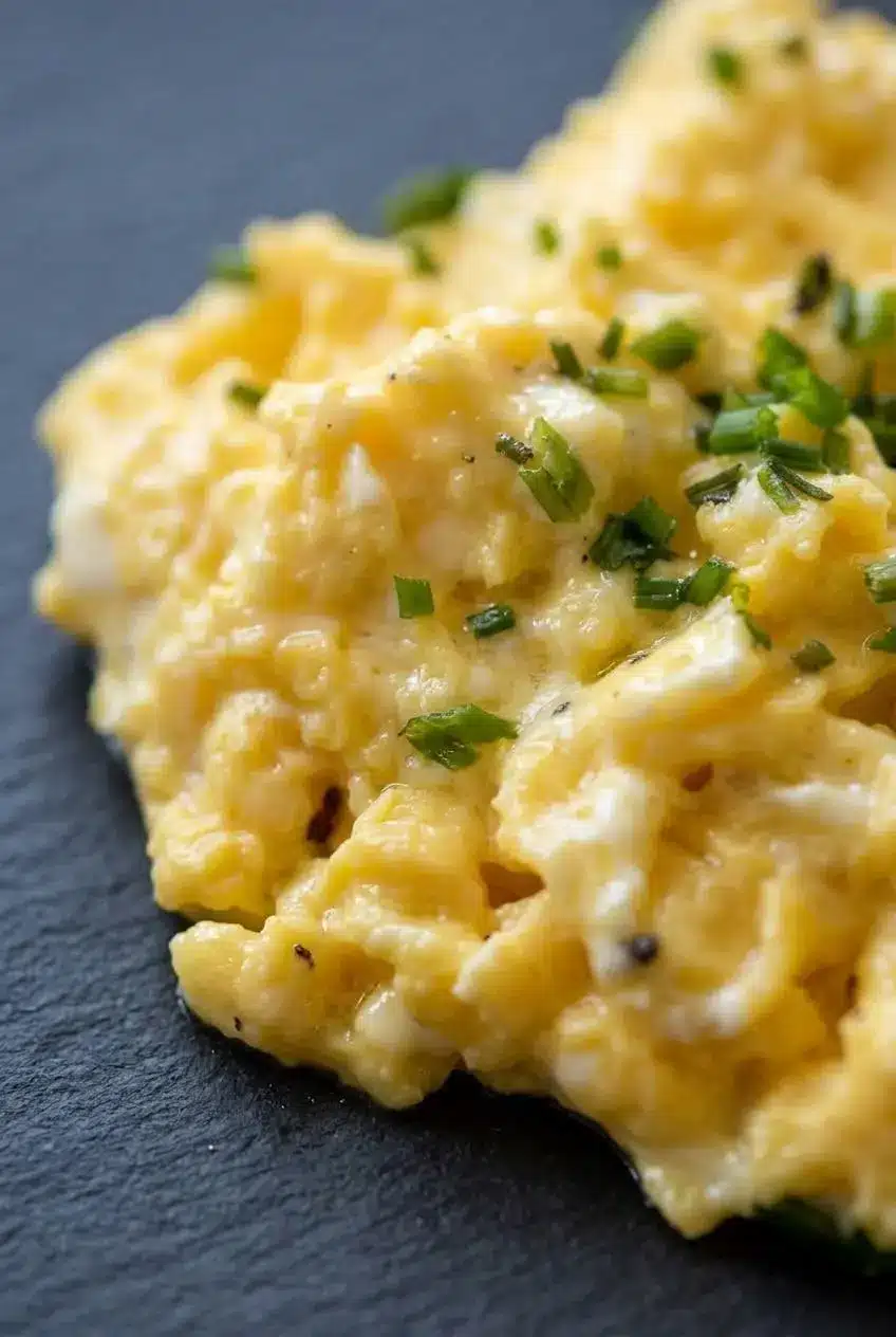 Close up of tender scrambled egg folds showing melted ribbons and pockets of cream cheese.