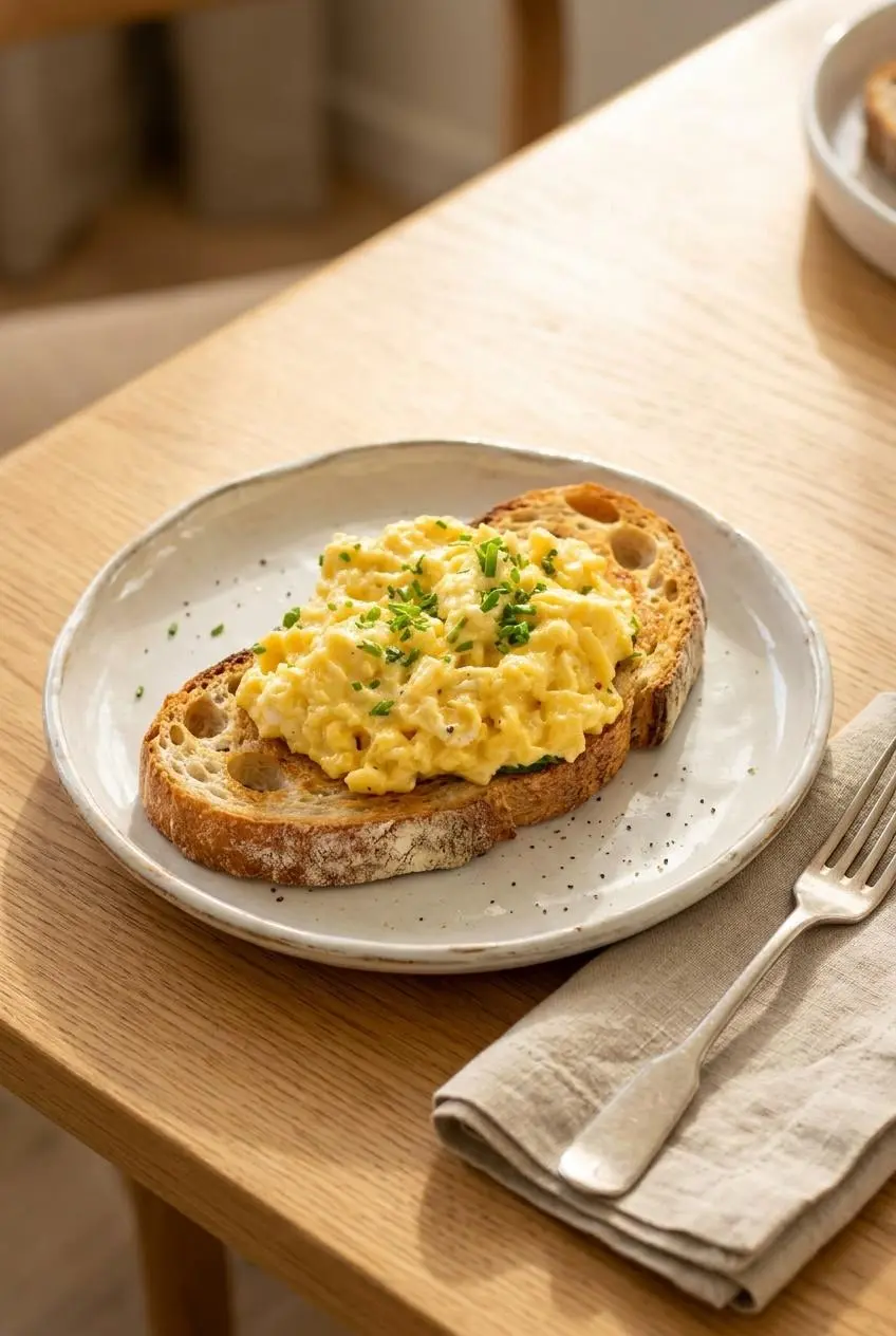 Creamy scrambled eggs with cream cheese served over a thick slice of toasted sourdough bread.