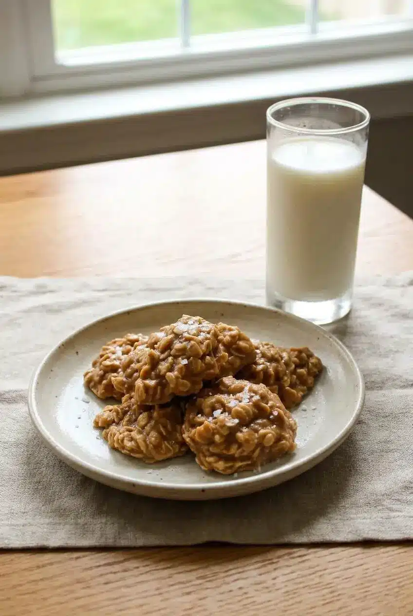 Plate of no bake peanut butter cookies topped with flaky sea salt beside a tall glass of cold milk.