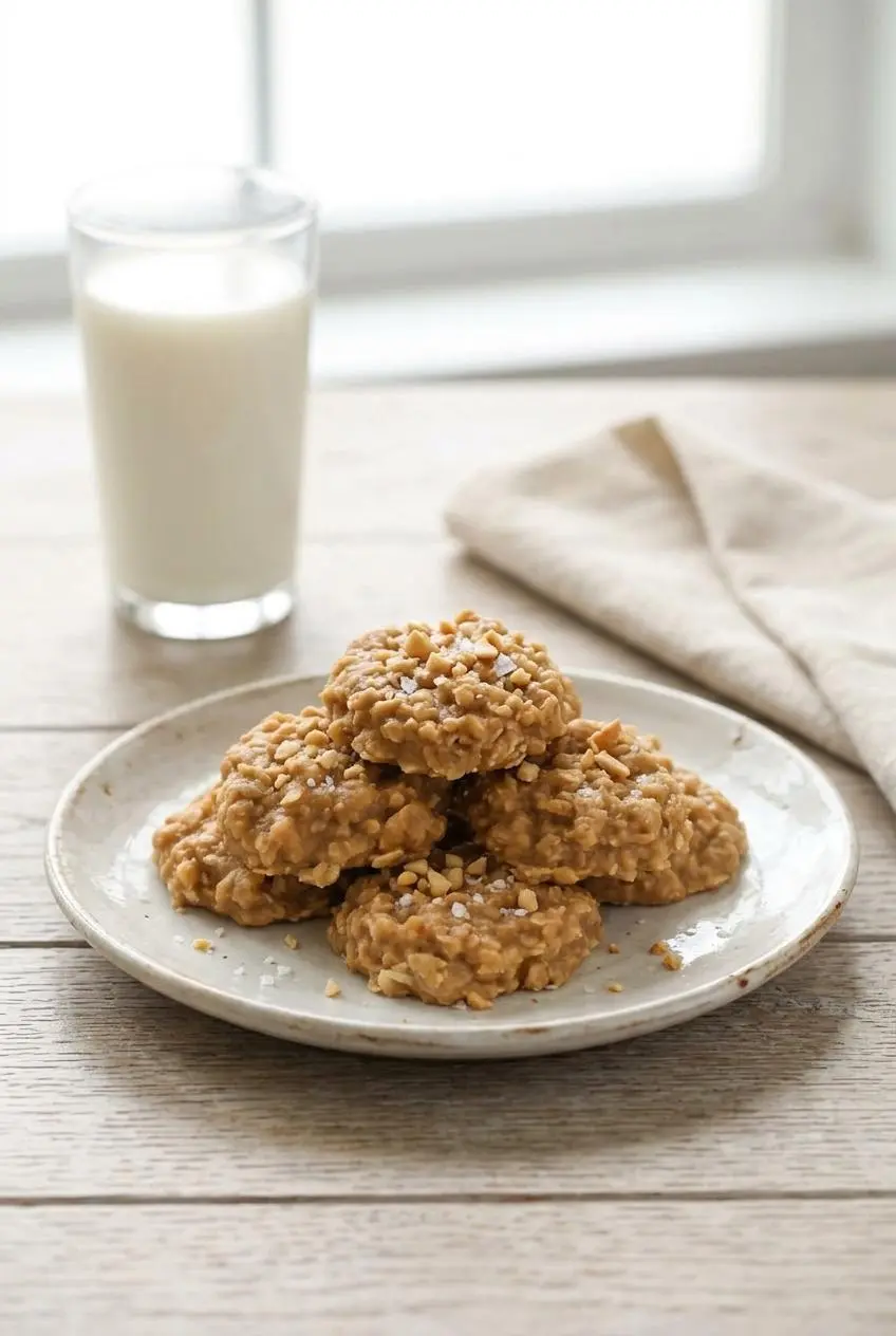 Stack of sea salt and toasted peanut no bake cookies on a plate with a glass of milk.