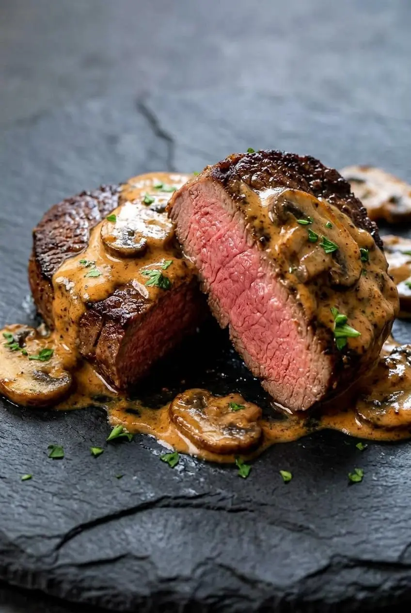 Sliced medium-rare beef medallion revealing a juicy pink center topped with velvety mushroom Dijon pan sauce.
