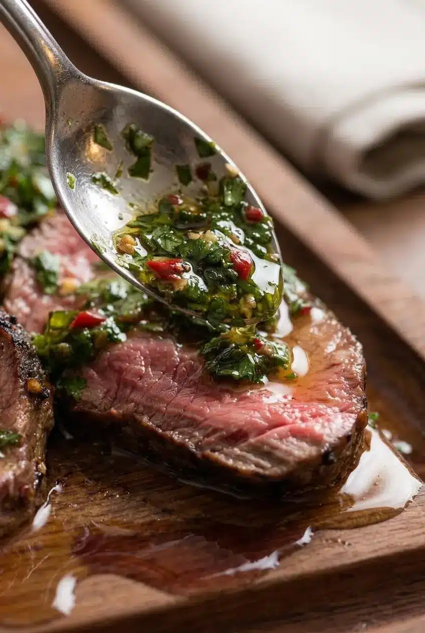 Close-up of juicy medium-rare steak slices topped with vibrant olive oil and parsley chimichurri.