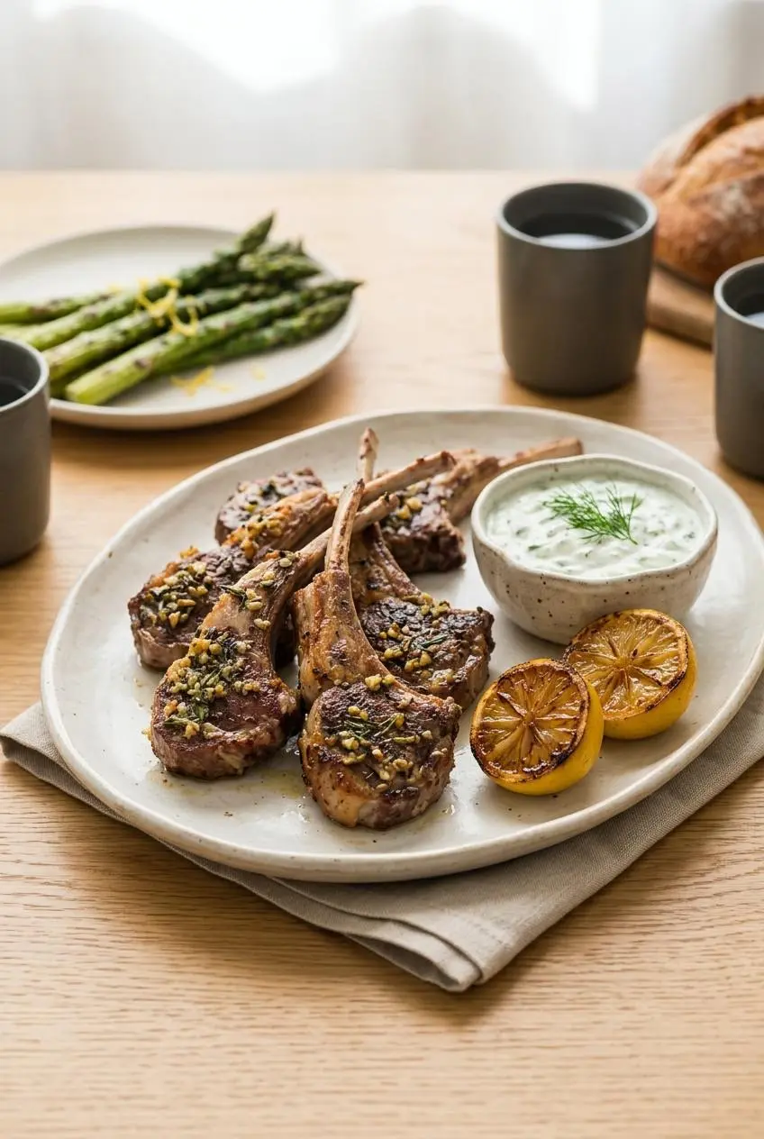 Seared lamb chops on a serving platter with charred lemon halves, minted tzatziki, and grilled asparagus.