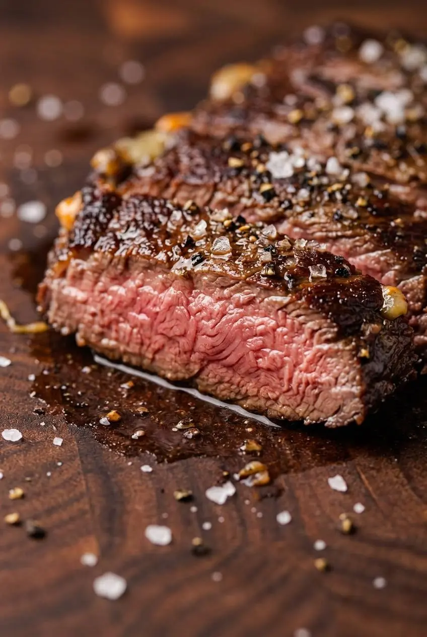 Slices of seared skirt steak carved across the grain showing a juicy pink center and dark mahogany crust.