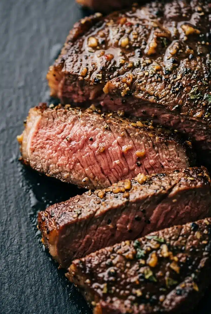 Thick slices of seared medium-rare steak showing a caramelized crust and juicy pink interior.