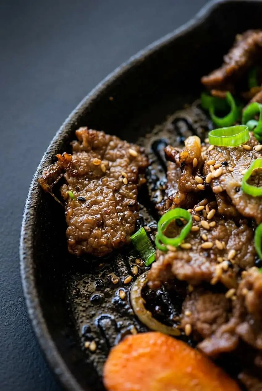 Sizzling ribbons of beef bulgogi searing in a cast-iron skillet with crisp caramelized edges and sesame seeds.
