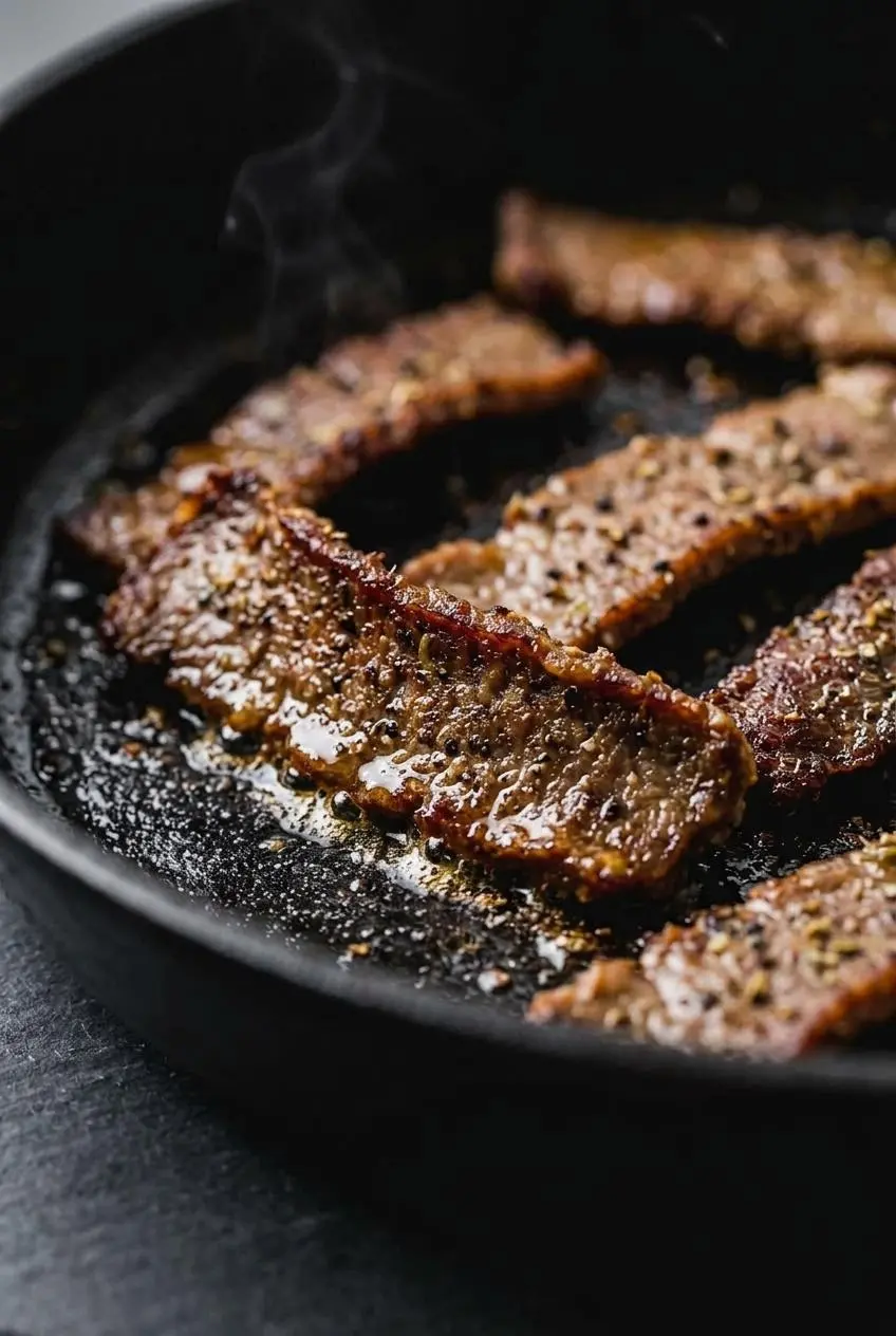 Thin slices of spiced gyro meat searing in a hot cast-iron skillet with bubbling juices and crisp browned edges.