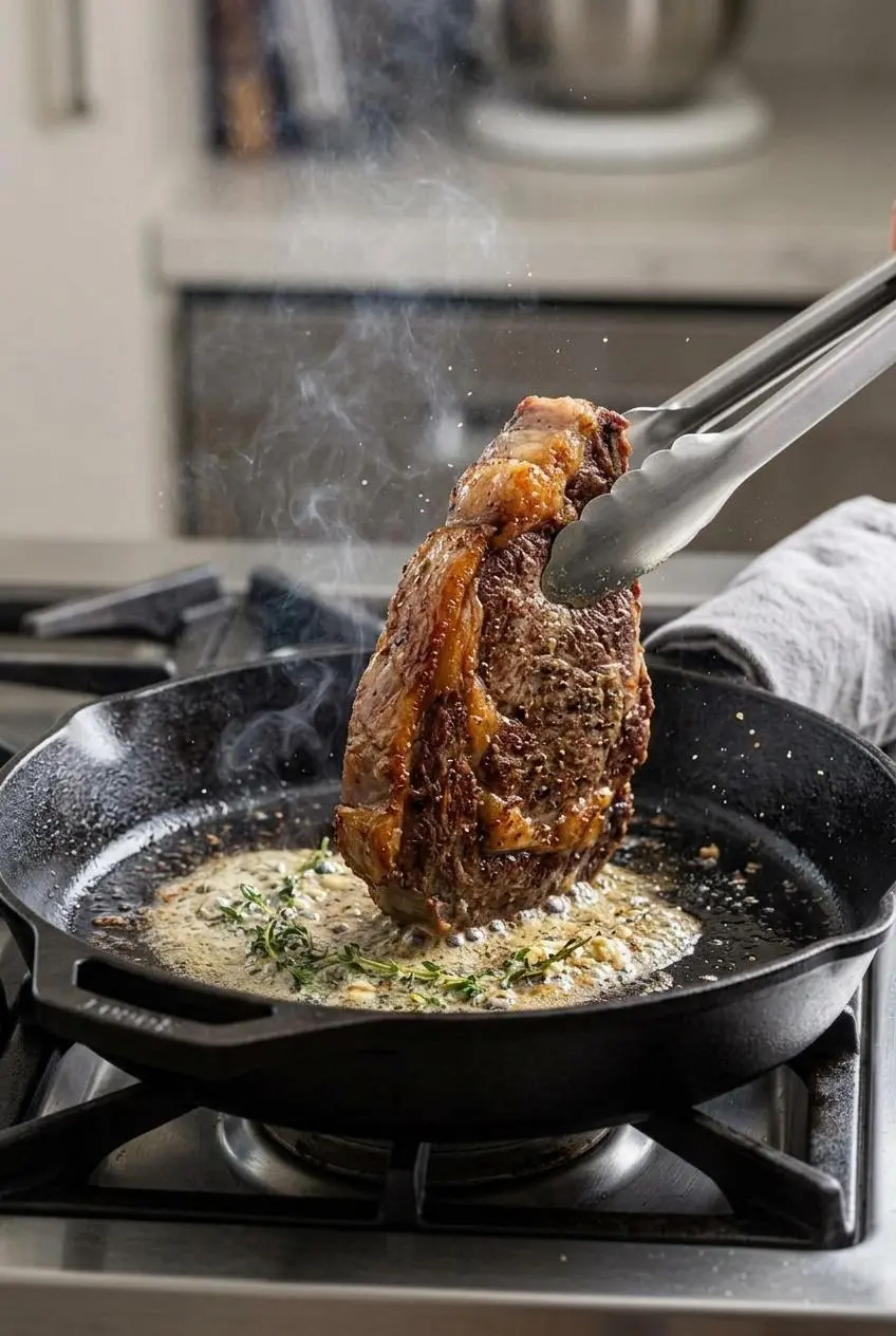Searing the fat cap of a thick steak upright in a hot cast iron skillet with foaming melted butter.