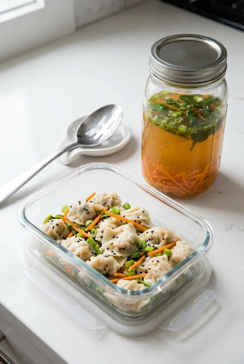 Cooked dumplings stored in a glass container next to a jar of golden broth and a slotted spoon.