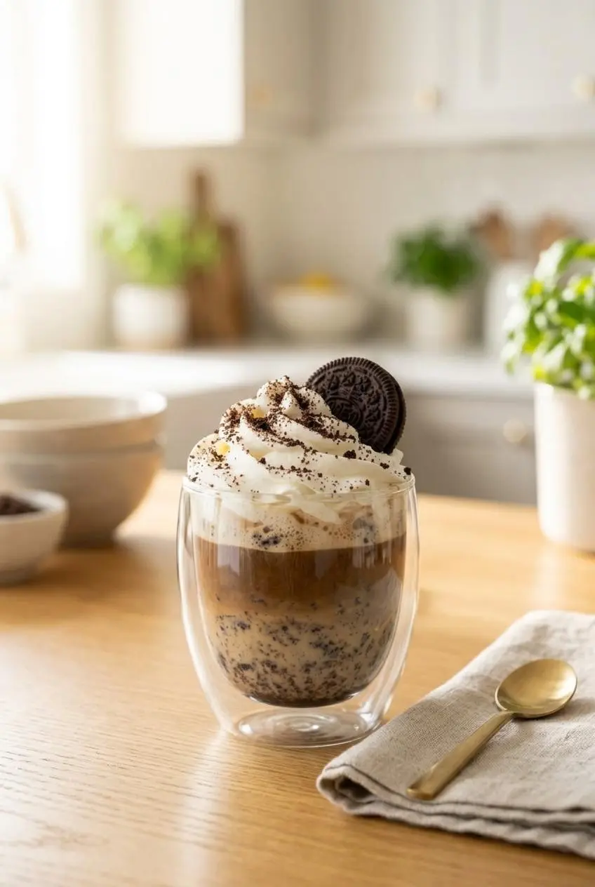 Layered cookies and cream latte in a double-walled glass mug topped with whipped cream and a whole sandwich cookie.