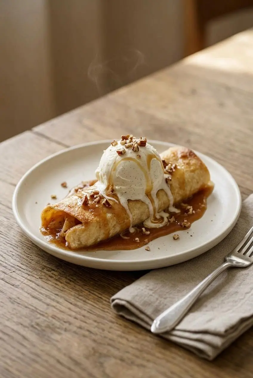 Warm apple pie enchilada plated with melting vanilla bean ice cream, caramel drizzle, and toasted pecans.