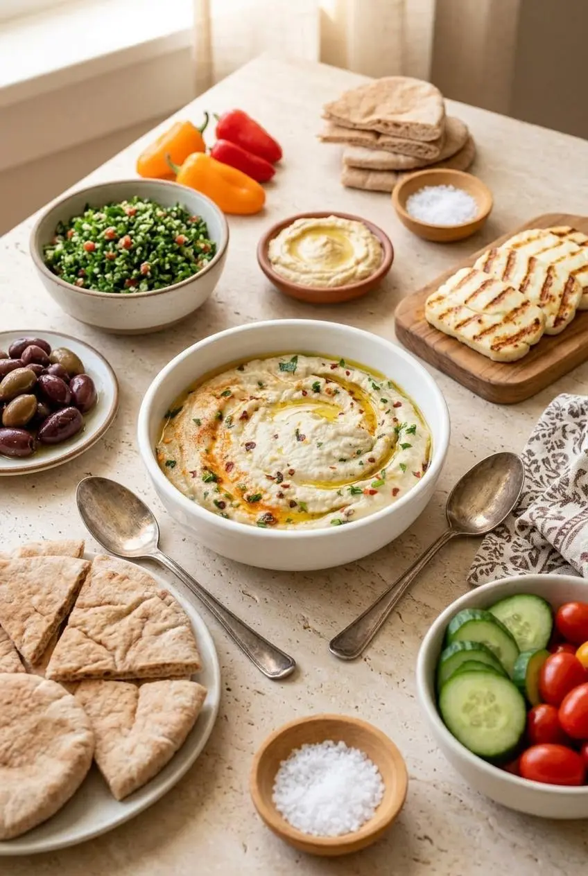 Baba ganoush dip on a mezze platter with warm pita triangles and sliced Persian cucumbers.