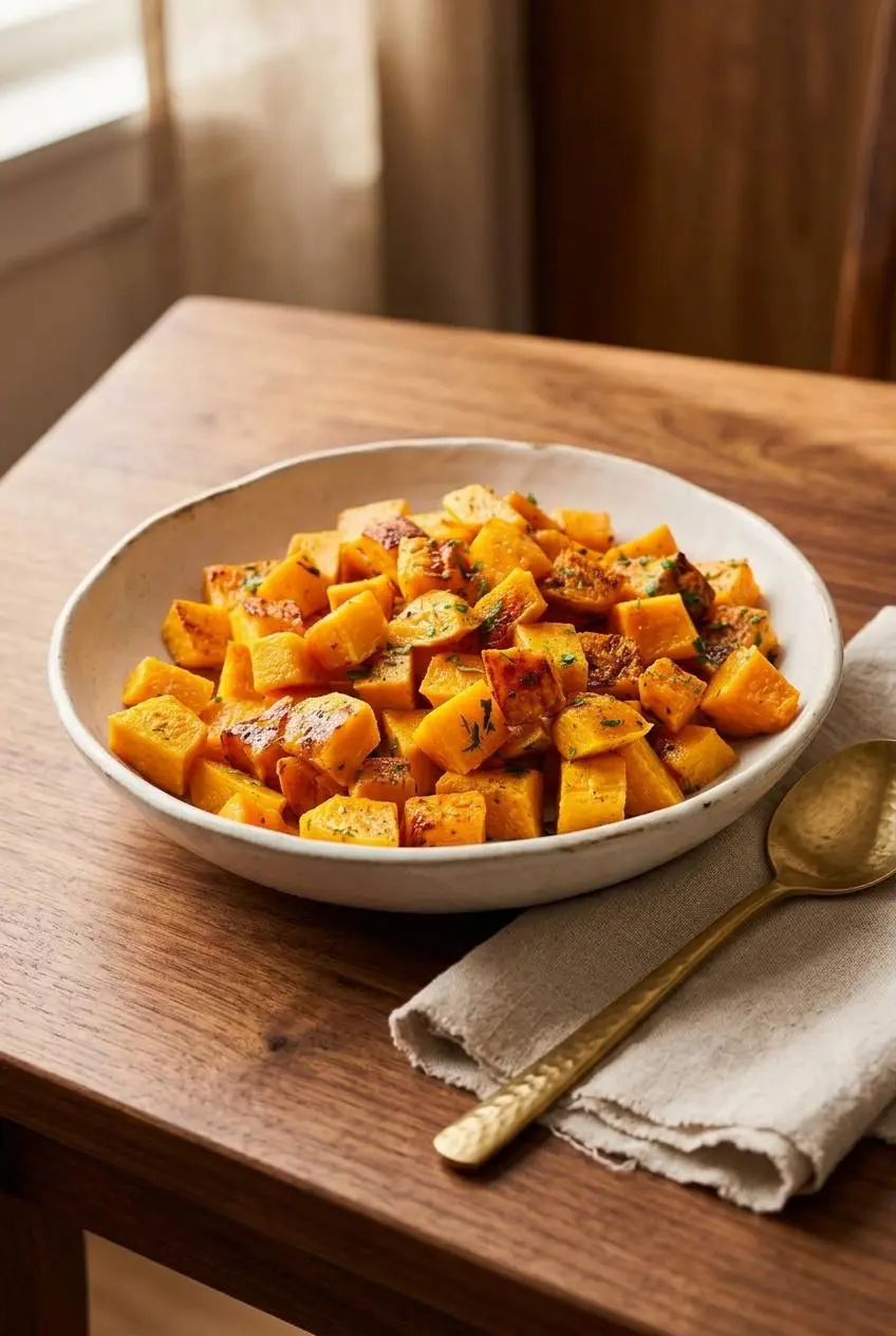 Baked butternut squash cubes garnished with minced parsley in a ceramic bowl on a wooden dining table