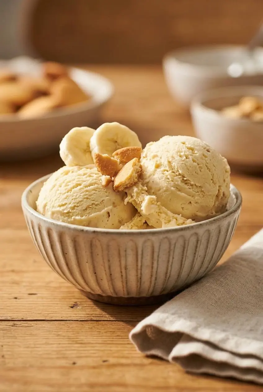 Ribbed ceramic bowl with scoops of banana pudding ice cream, banana slices, wafers, and a waffle cone.