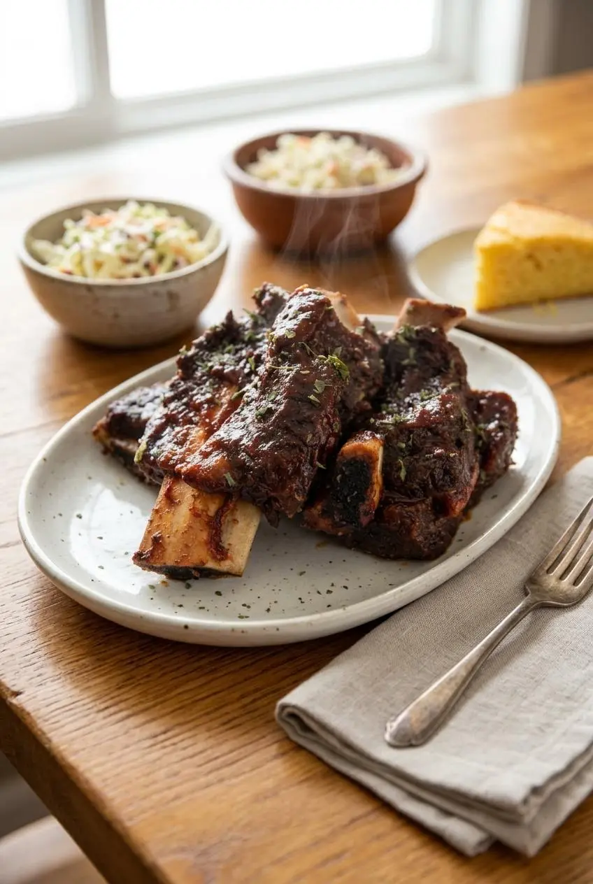Platter of glazed beef ribs served with skillet cornbread and vinegar coleslaw on an oak dining table.