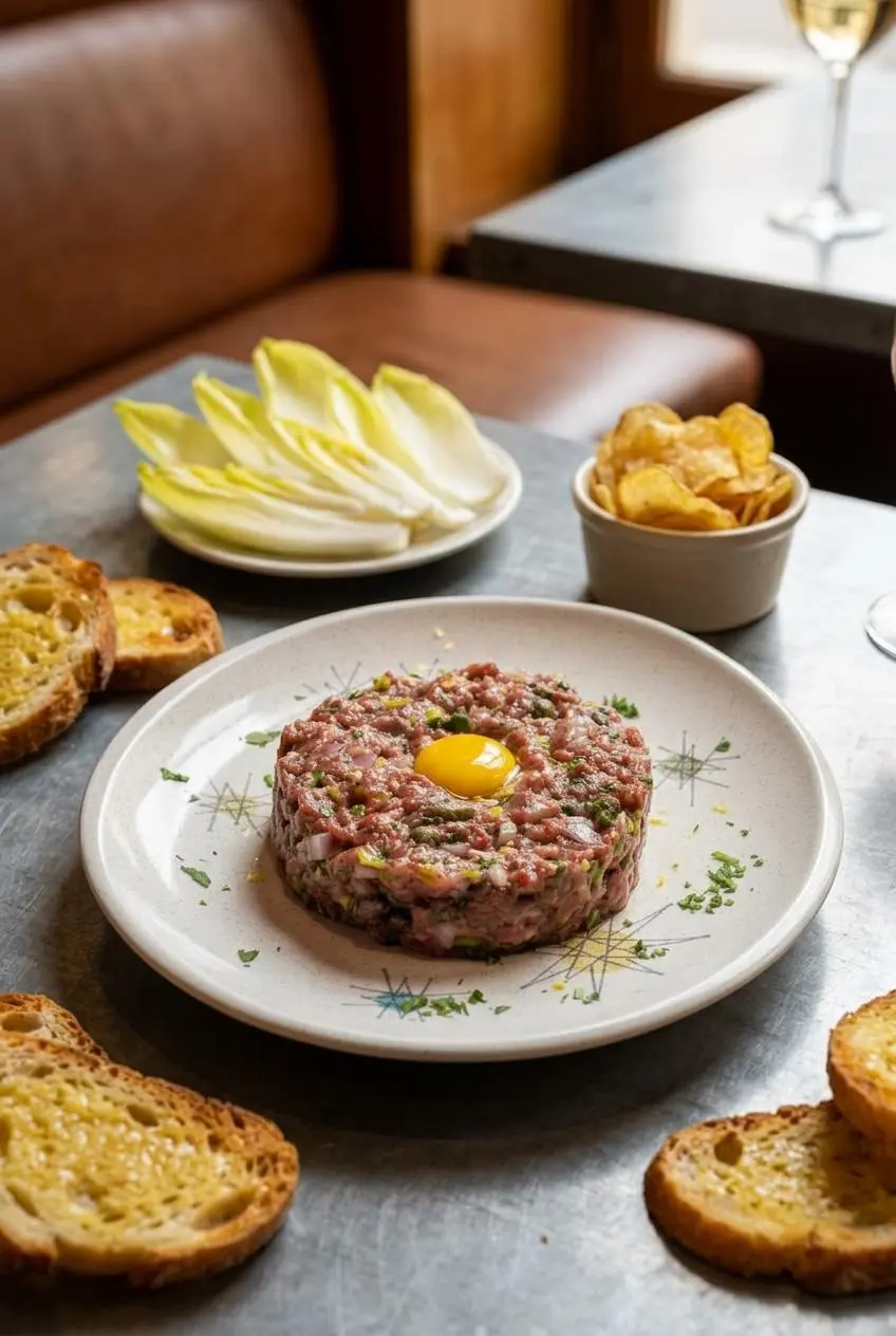 Plated ring-molded beef tartare served with buttered crostini, Belgian endive, and potato chips.